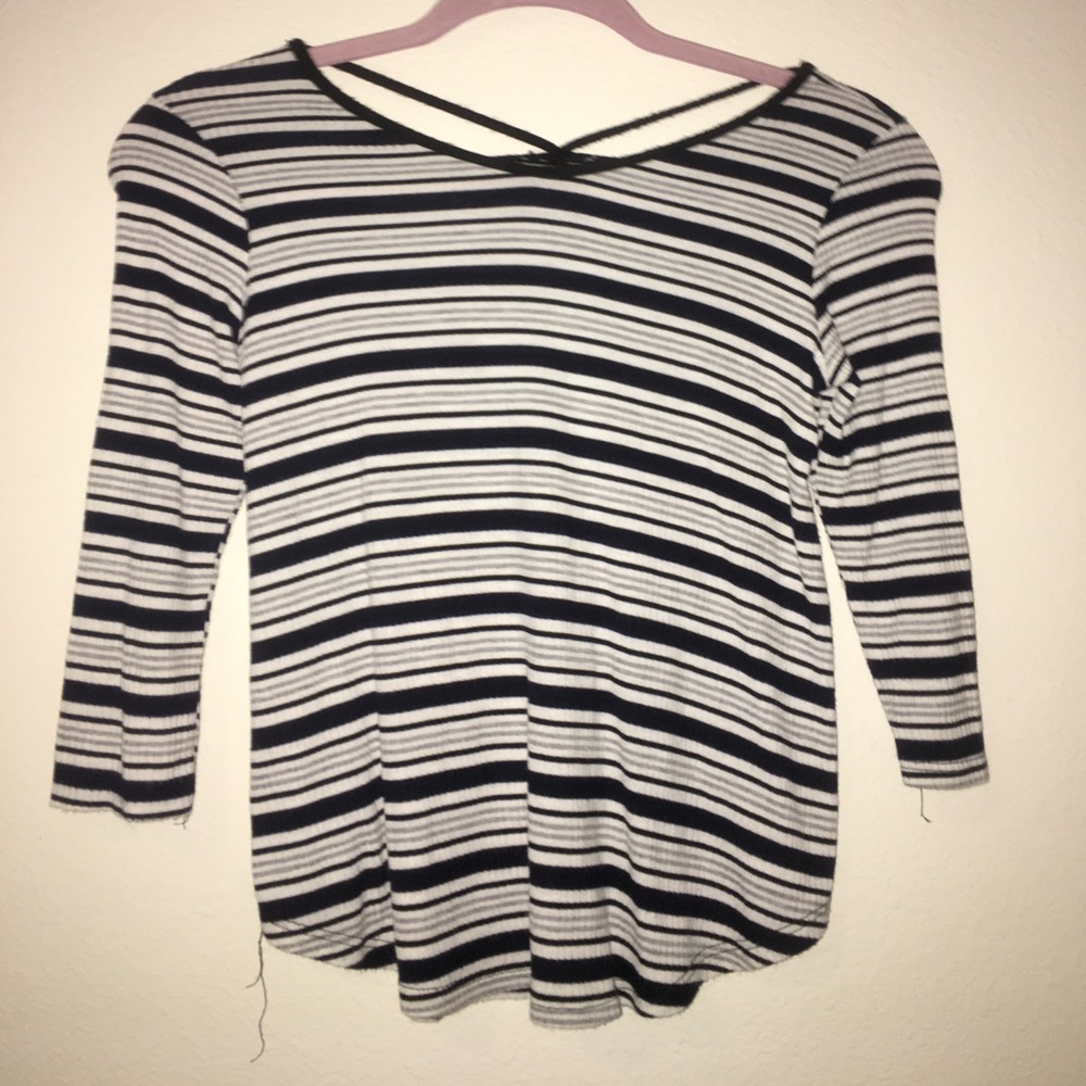 Blue black and white striped shirt
